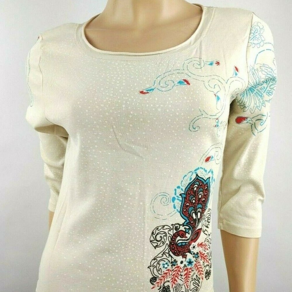 Siven Women Peacock 3/4 Sleeve Beige Blouse Size Medium